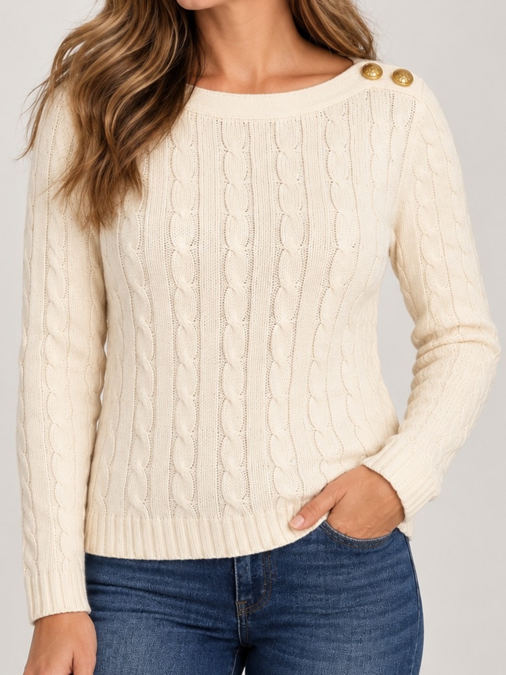 Lauren Ralph Lauren Cream Cable Knit 100% Cotton Sweater Gold Buttons L